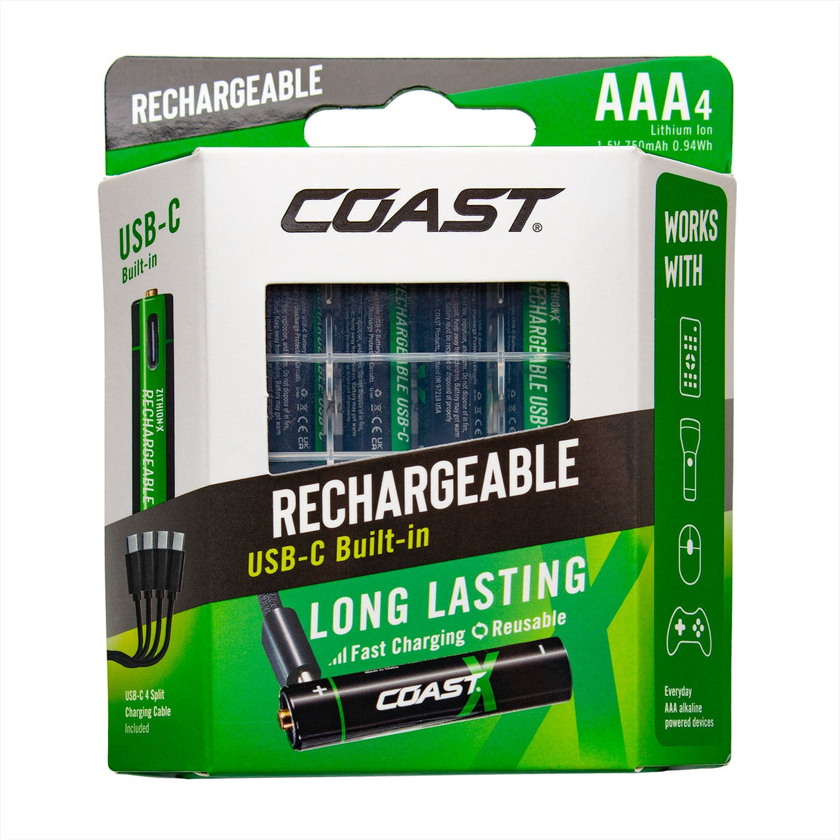 Coast AAA 1.5 V, 750 mAh USB-C Rechargeable Lithium-ion Protected Battery (4 Pack)