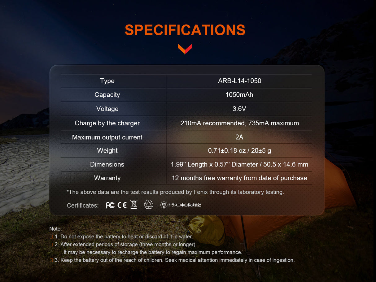 Fenix 14500 3.6 V, 1050 mAh Li-ion Protected Battery