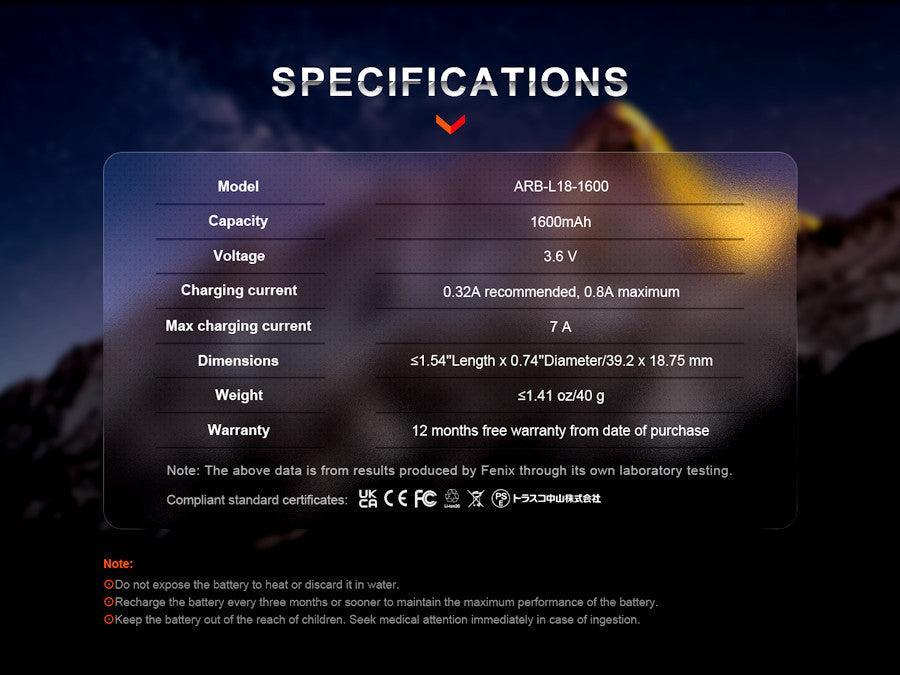 Fenix 18350 3.6 V, 1600 mAh Li-ion Protected Battery