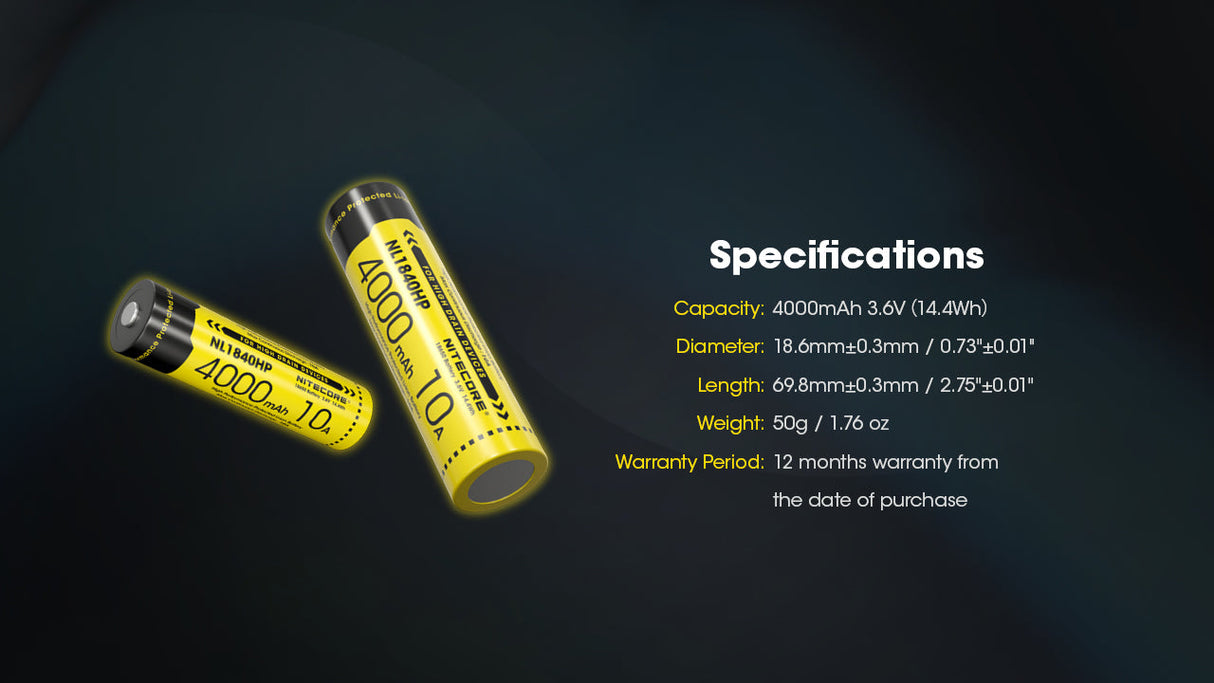 Nitecore 10 A High Discharge 18650 4000 mAh Lithium-ion Protected Battery (NL1840HP)