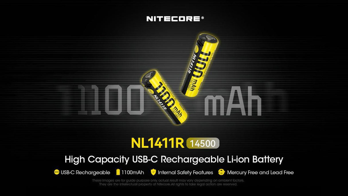 Nitecore 14500 USB-C Rechargeable 3.6 V, 1100 mAh Li-ion Protected Battery for MT1A Pro (NL1411R)