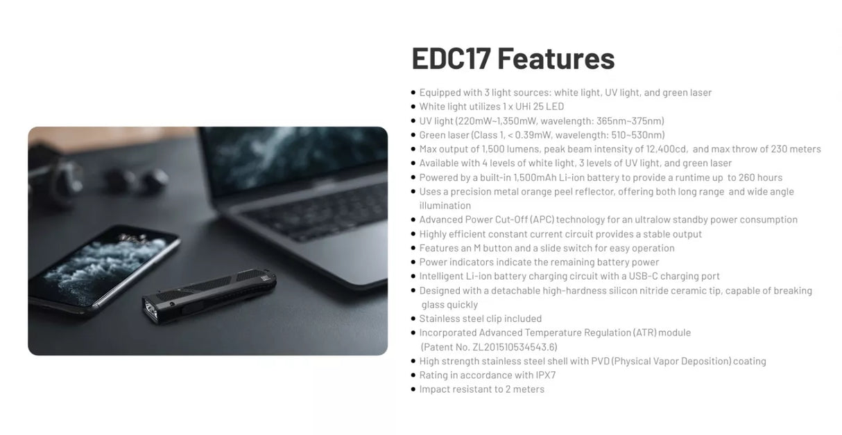 Nitecore EDC17 EU Green Laser, White & UV Slim Rechargeable LED Torch