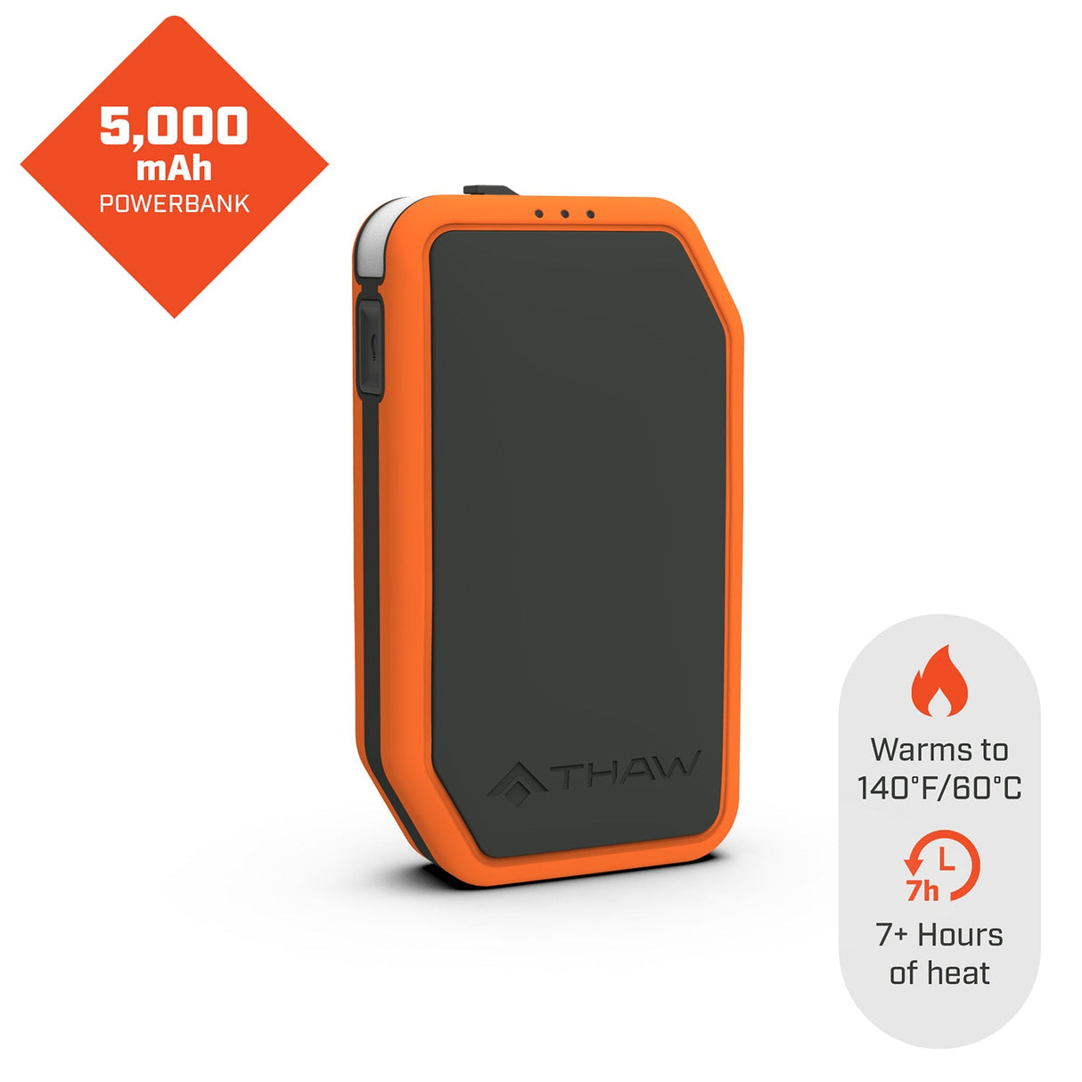 THAW 5K Rechargeable Hand Warmer with Integrated LED Light and Power Bank Function