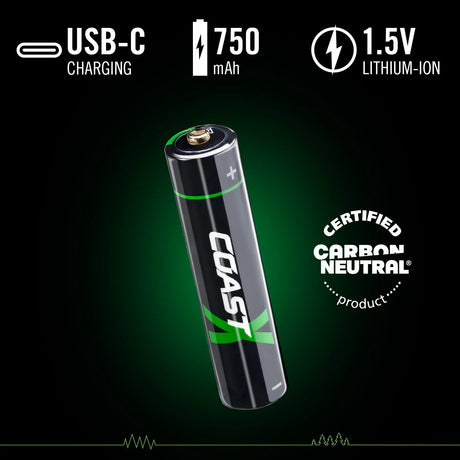 Coast AAA 1.5 V, 750 mAh USB-C Rechargeable Lithium-ion Protected Battery (4 Pack)