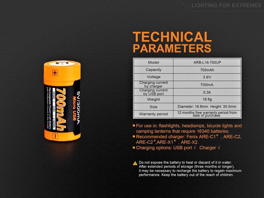 Fenix 16340 USB Rechargeable High Discharge 700 mAh Li-ion Protected Battery