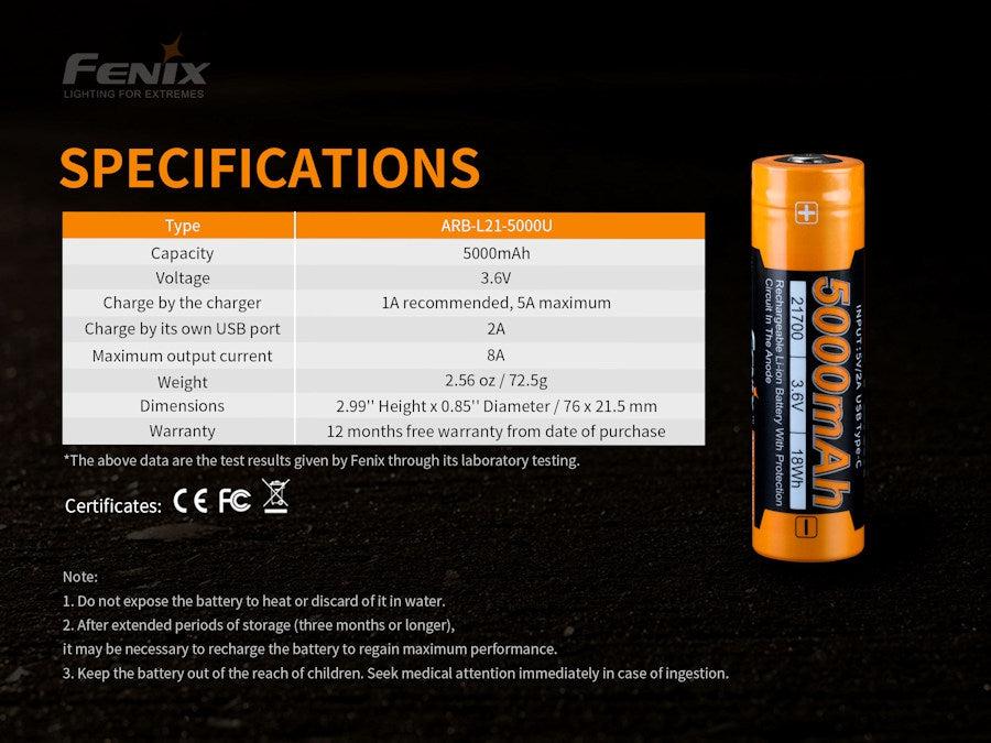 Fenix 21700 USB-C Rechargeable 5000 mAh Li-ion Protected Battery