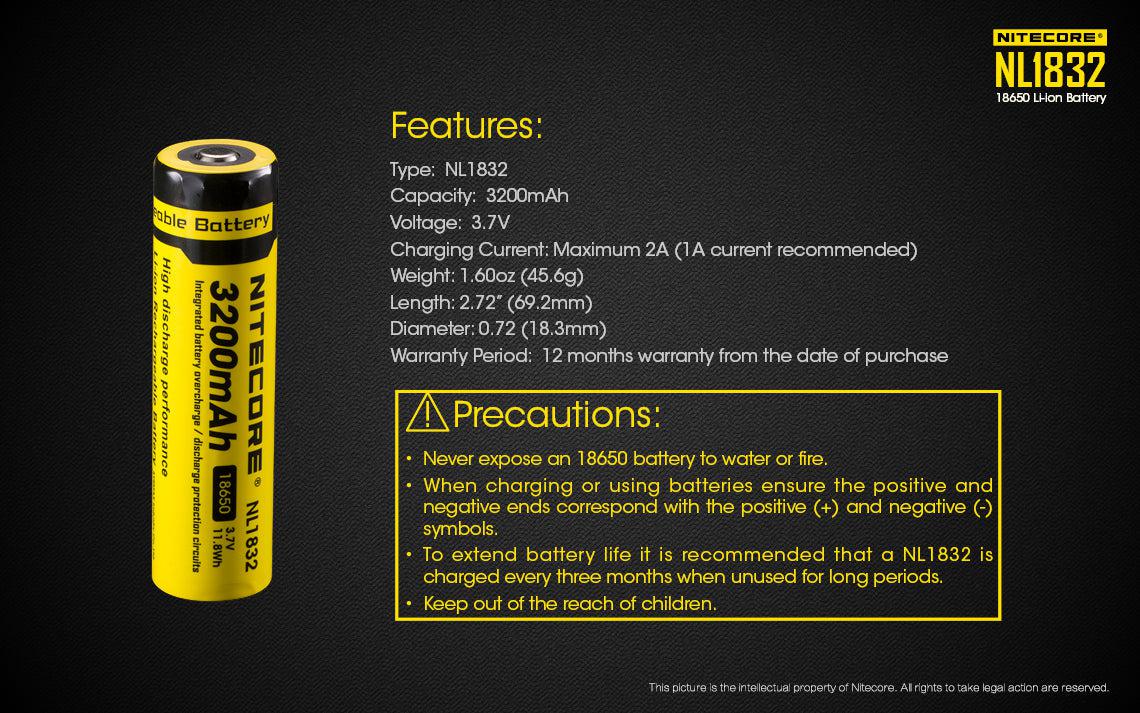 Nitecore 3200 mAh 18650 Lithium-ion Protected Battery (NL1832)