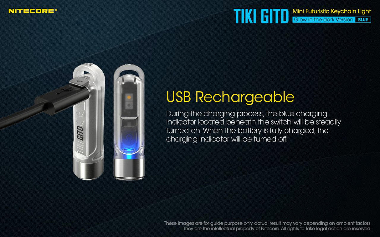 Nitecore TIKI Blue GITD White & UV Rechargeable LED Key Ring Torch