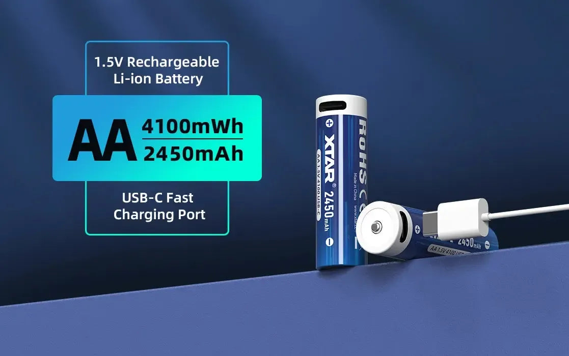 Xtar AA 1.5 V, 2450 mAh USB-C Rechargeable Lithium-ion Protected Battery (4 Pack)